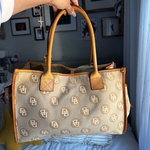 Dooney Monogram Beige and Tan Tote Bag with Leather Trim